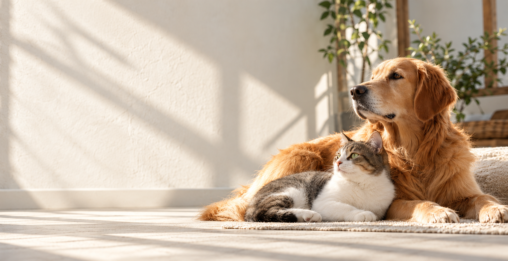 金毛犬与虎斑猫在温暖晨光中相伴休息